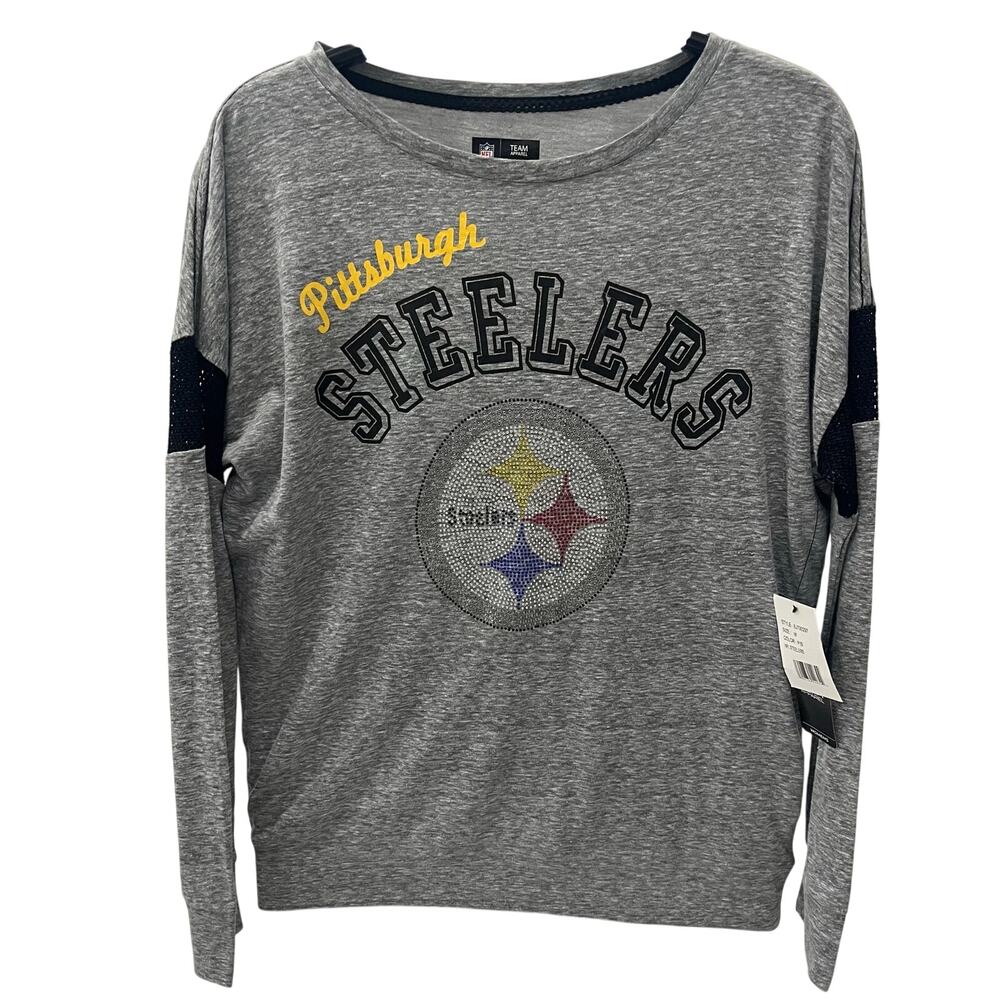 NFL Team Apparel Pittsburgh Steelers Gray Rhinestone Long Sleeve Shirt NWT ~ MD